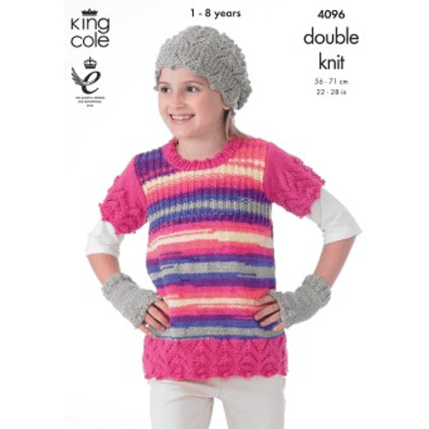 Childrens Tunic, Sweater, Hats and Handwarmers Knitting Pattern | King Cole DK 4096 | Digital Download - Main Image