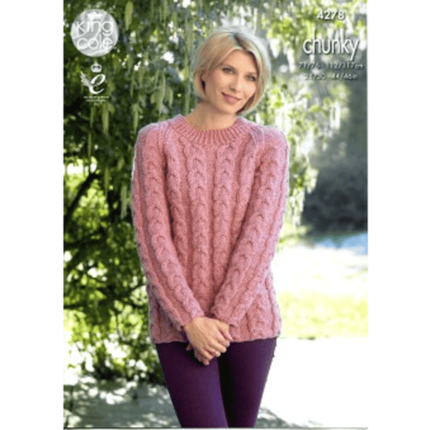 Ladies Cabled Raglan Cardigan and Sweater Knitting Pattern | King Cole New Magnum Chunky 4278 | Digital Download - Main Image