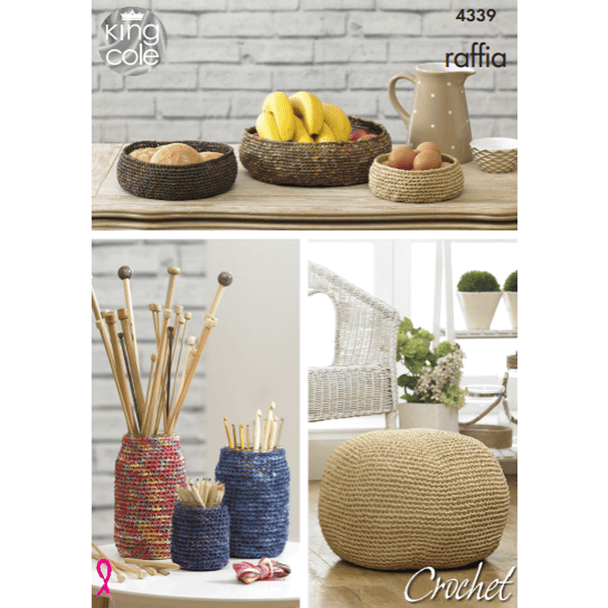 Ladies Crocheted Storage Bowls, Jar Covers and Pouffe Crochet Pattern | King Cole Raffia Chunky 4339 | Digital Download - Main Image