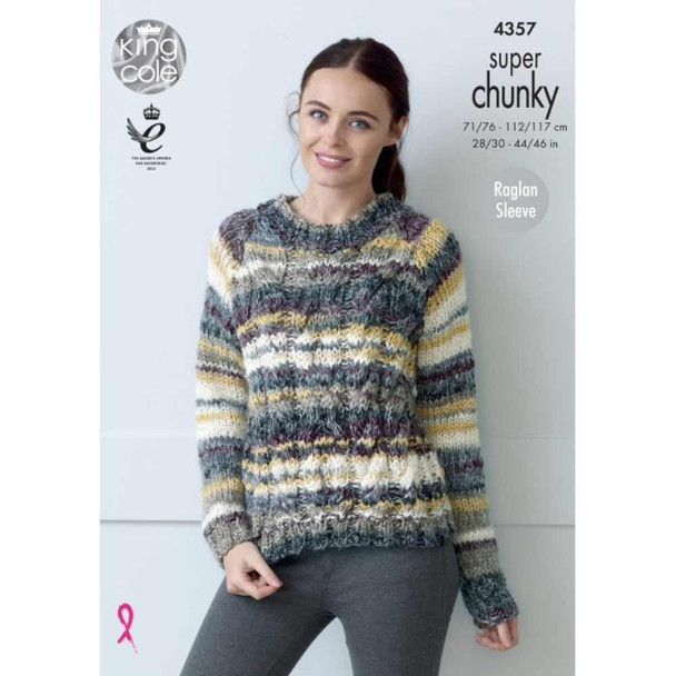 Ladies Cabled Raglan Sweater With Long and Short Sleeves Knitting Pattern | King Cole Gypsy Super Chunky 4357 | Digital Download - Main Image