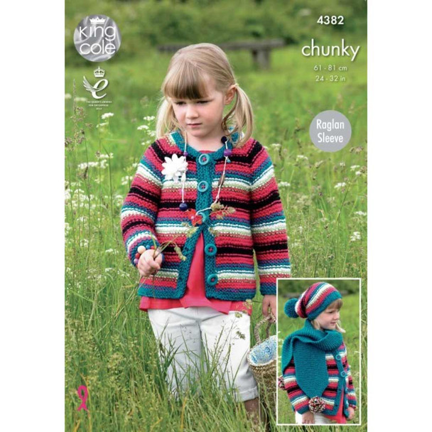 Childrens Dress, Cardigan, Hat and Scarf Knitting Pattern | King Cole Big Value Chunky 4382 | Digital Download - Main image