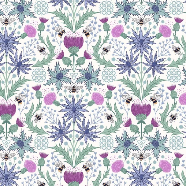 Mirrored Thistle and Bees on Cream | A989.A | Celtic Summer | Lewis and Irene