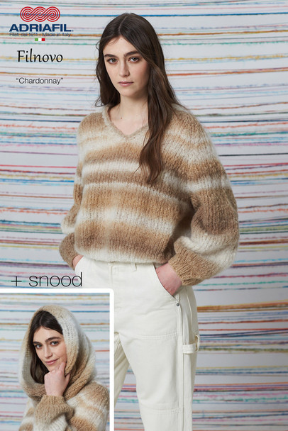 Chardonnay - Ladies V Neck Sweater and Snood Chunky Knitting Pattern | Adriafil Filnovo Digital Download