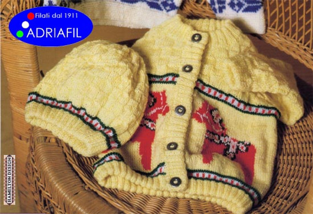 Babys Cardigan with horses on and hat in Adriafil Avantgarde