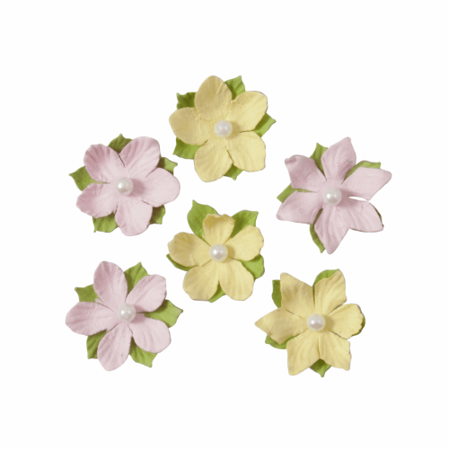 Trimits Craft Embellishment Paper Flowers with Pearls in Pink & Yellow | 6 Pieces - Main Image