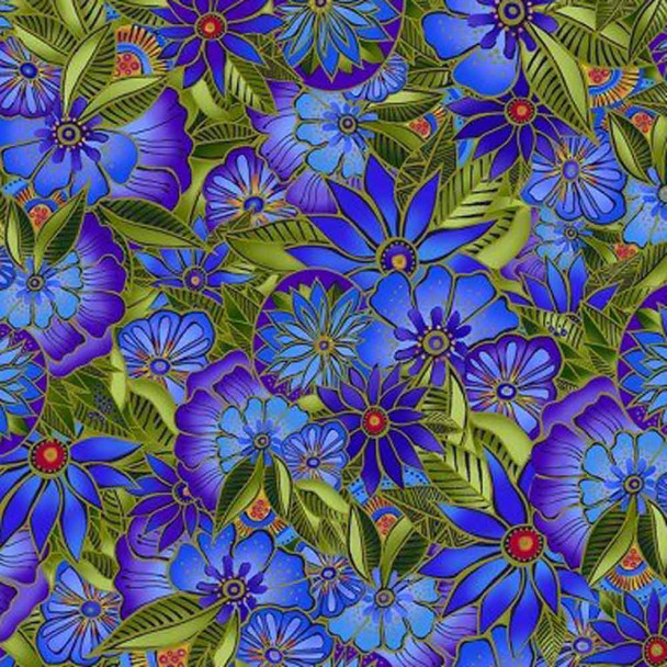 Sea Goddess | Laurel Burch | Clothworks Fabrics | 2599-31 | Florals, Royal Blue