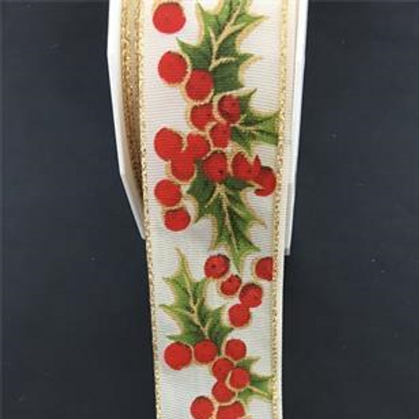 Prasent | Bristol Wire Edge | Holly Berries Ivory | 40mm | Half Metre Lengths