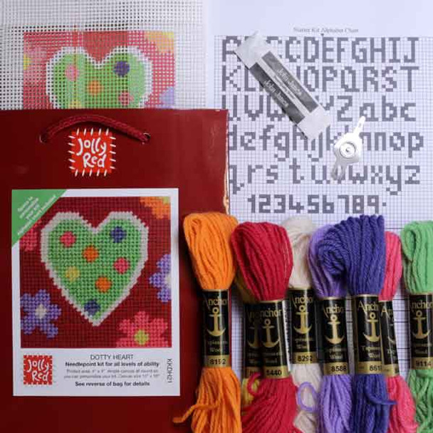 Dotty Hearts Kit Printed Needle Point Kit for all Levels of Ability | 4"x4" (10cm x 10cm) | Jolly Red