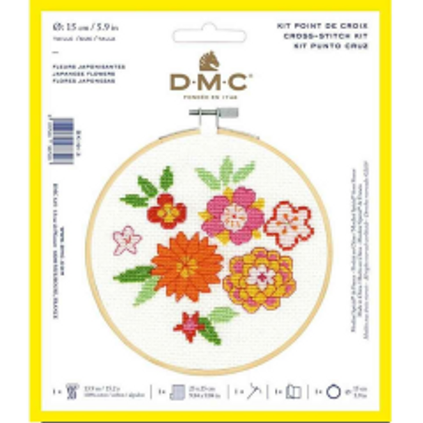 DMC Complete Cross Stitch Kit with Embroidery Hoop | Japanese Flowers