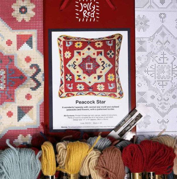 Peacock Star Tapestry Kit | 14"x14" (36 cm x 36 cm) | Jolly Red (PKS751) - kit contents
