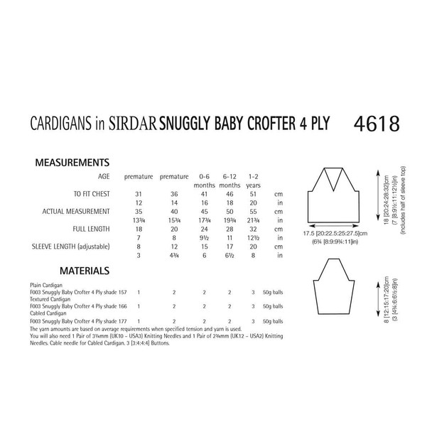 Sirdar Snuggly Baby Crofter 4Ply Cardigans Knitting Pattern | 4618P (PDF Download) - Pattern Information