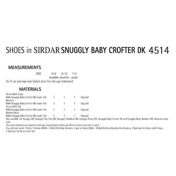 Sirdar Snuggly Baby Crofter DK Shoes Knitting Pattern | 4514P (PDF Download) - Pattern Information