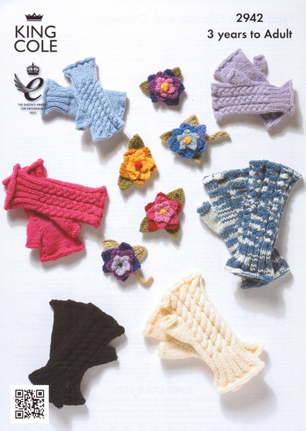 Cabled Fingerless Gloves and Corsage Pattern | King Cole 2942