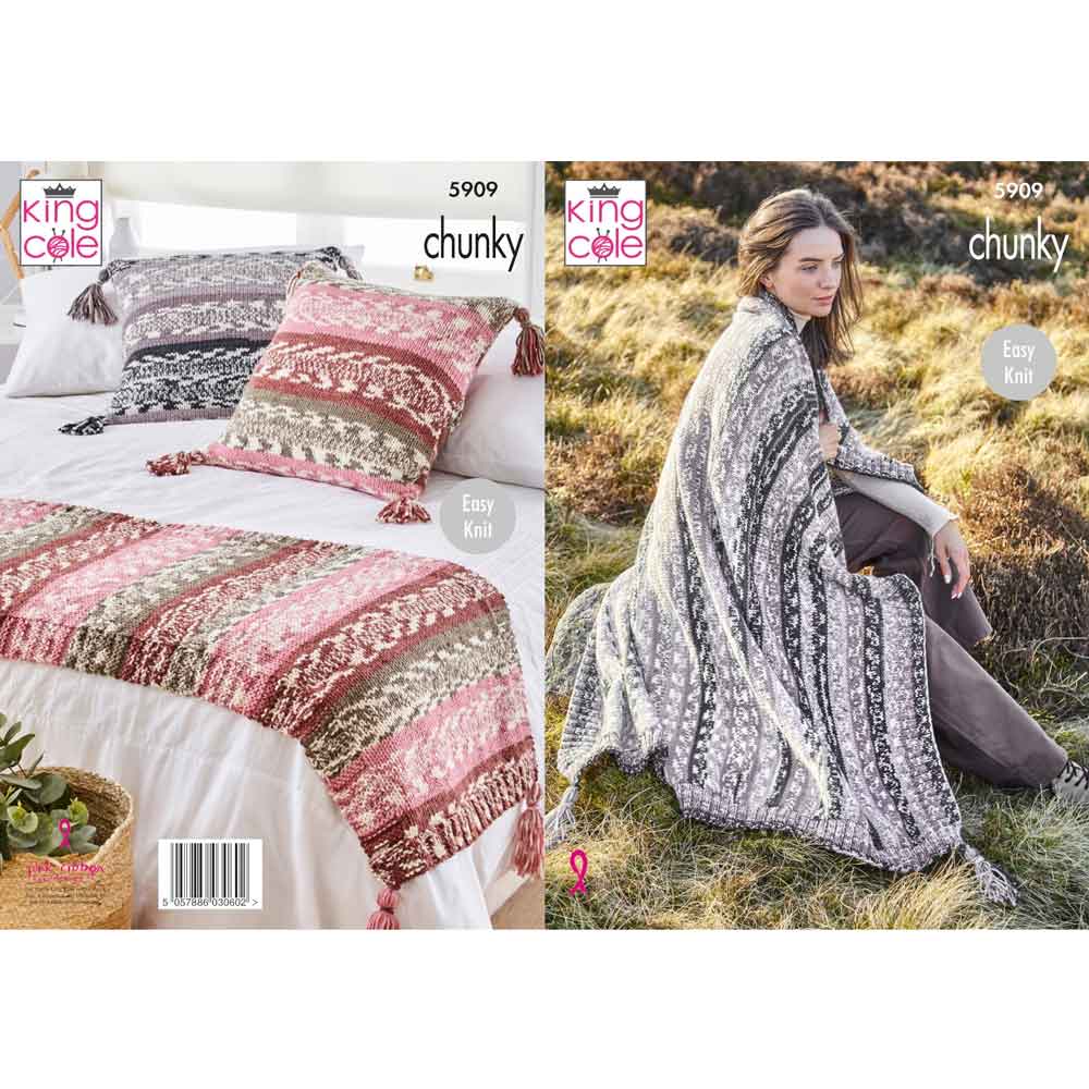 Blanket, Bed Runner and Cushion Cover Knitting Pattern King Cole Nordic  Chunky 5909 Digital Download Outback Yarns