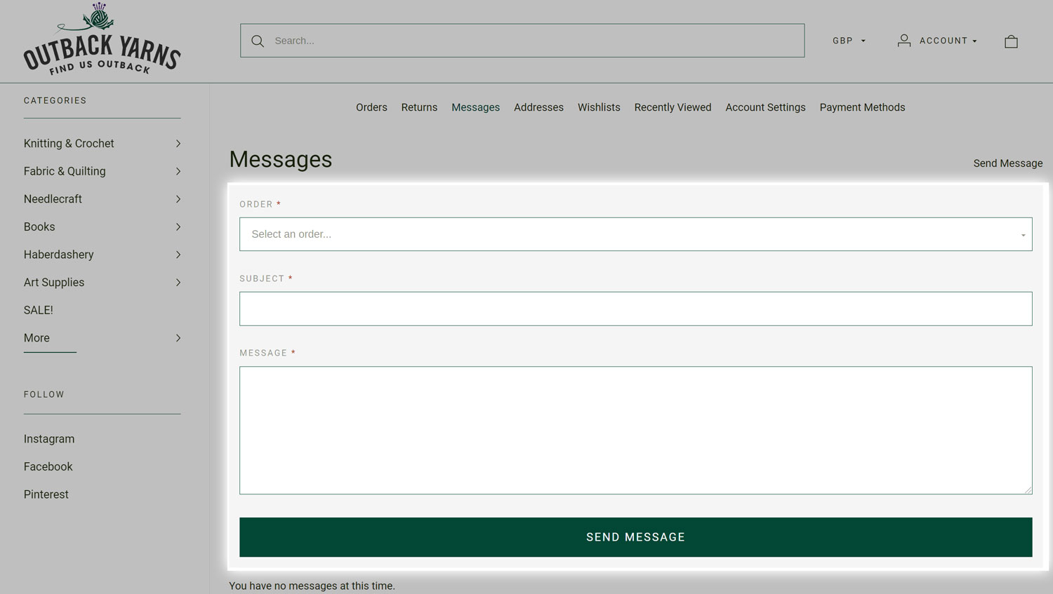 Step 4 - Submitting your order message to Outback Yarns. How to submit an order message on Outback Yarns