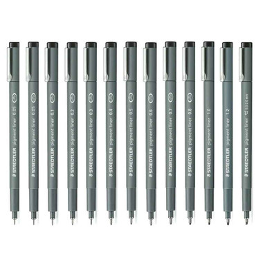 STAEDTLER 308 Pigment Liner Fineliner Pen - 0.05mm, 0.1mm, 0.2mm, 0.3mm,  0.5mm & 0.8mm Nibs - Black Ink - Pack of 6