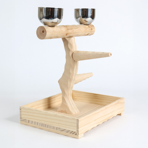 Small Table Top Wood Parrot Stand with Feeding Bowls
