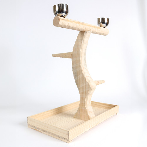Medium Table Top Wood Parrot Stand with Feeding Bowls