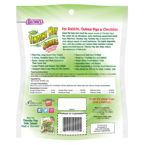 Brown's Timothy Hay Cubes Nutritional Daily Supplement Small Animal Treat 284g Case of 8 3