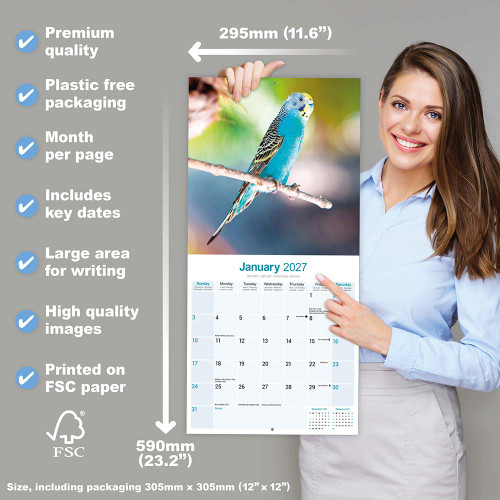 2027 Budgie Parrot Calendar - Full Colour - 16 Month - Starts September 2026 2
