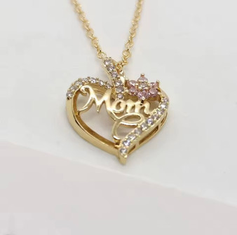 Gold-Plated Mom Heart Necklace with Cubic Zirconia Accent