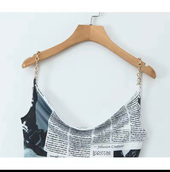 Newspaper Letter Print Irregular Hem Sling Dress – Trendy Asymmetrical Summer Mini Dress for Women