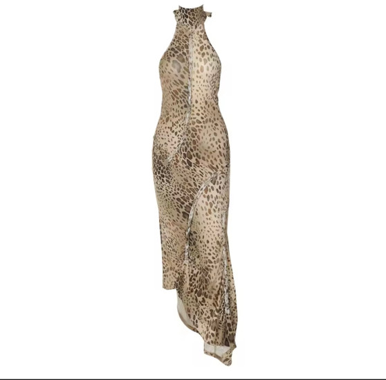 Cryptographic Fashion Halter Leopard Backless Maxi Dres