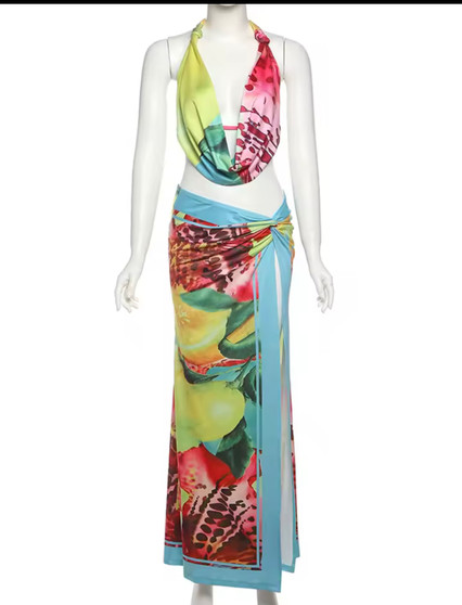 colorful leopard print Halter Tank Top & Wrapped Maxi Skirt Beach Vacation Outfit for Women