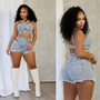 Denim Heat Strap Crop Top & Cut-Out Short Set