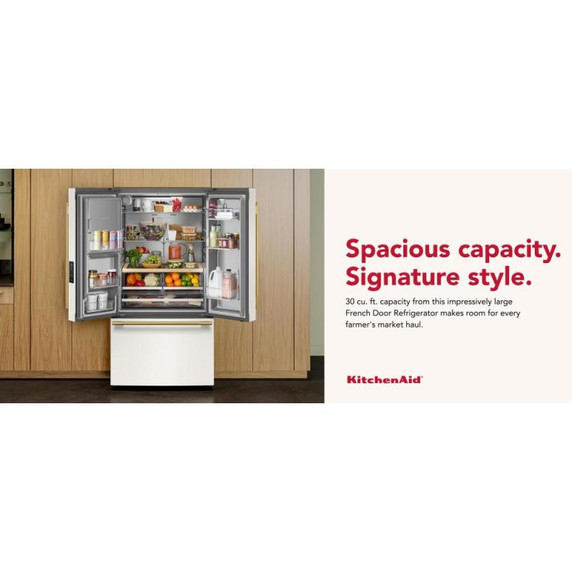 Kitchenaid® 30 Cu. Ft. 36-Inch French Door Refrigerator with Exterior Water and Ice Dispenser and Wood-Look Sliding Tray in Porcelain White KRFF436SPL