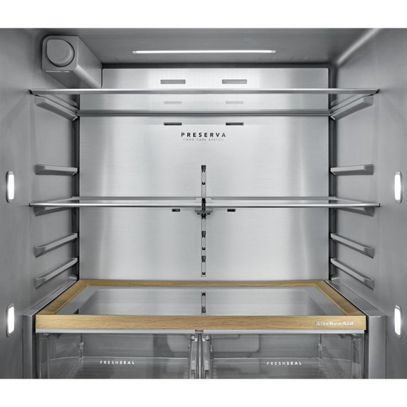 Kitchenaid® 30 Cu. Ft. 36-Inch French Door Refrigerator with Exterior Water and Ice Dispenser and Wood-Look Sliding Tray in Porcelain White KRFF436SPL