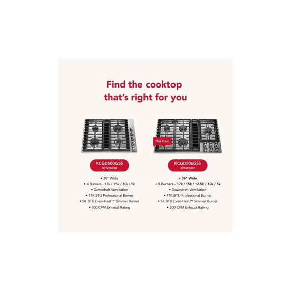 Kitchenaid® 36" 5 Burner Gas Downdraft Cooktop KCGD506GSS
