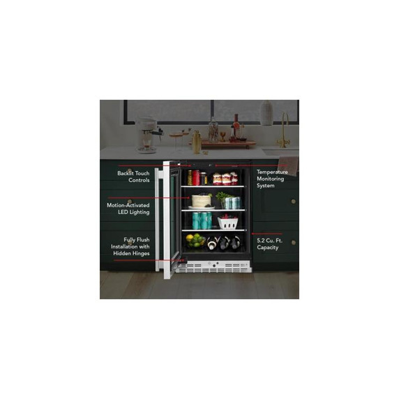 Kitchenaid® 24" Undercounter Refrigerator with Glass Door and Shelves with Metallic Accents KURL524SPS