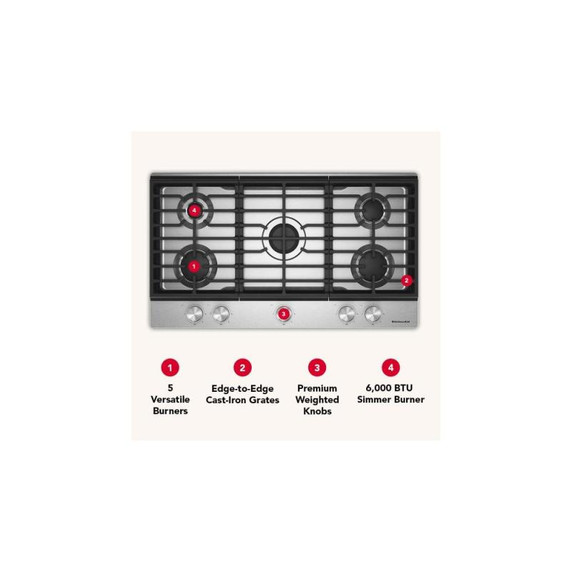 Kitchenaid® Gas-on-Metal Cooktop with 5 Versatile Burners and Edge-to-Edge Cast-Iron Grates KCGK336SSS