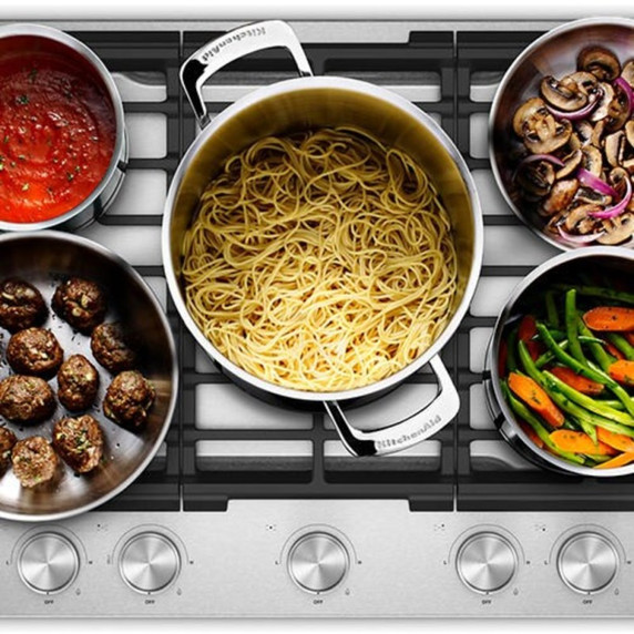 Kitchenaid® Gas-on-Metal Cooktop with 5 Versatile Burners and Edge-to-Edge Cast-Iron Grates KCGK330SSS