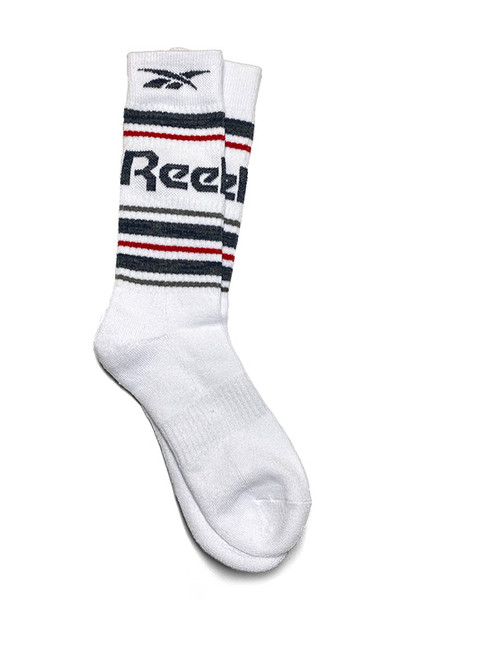 Reebok Classic White Striped Sock with blue Reebok logo on each sock. Red and blue stripes on each sock.