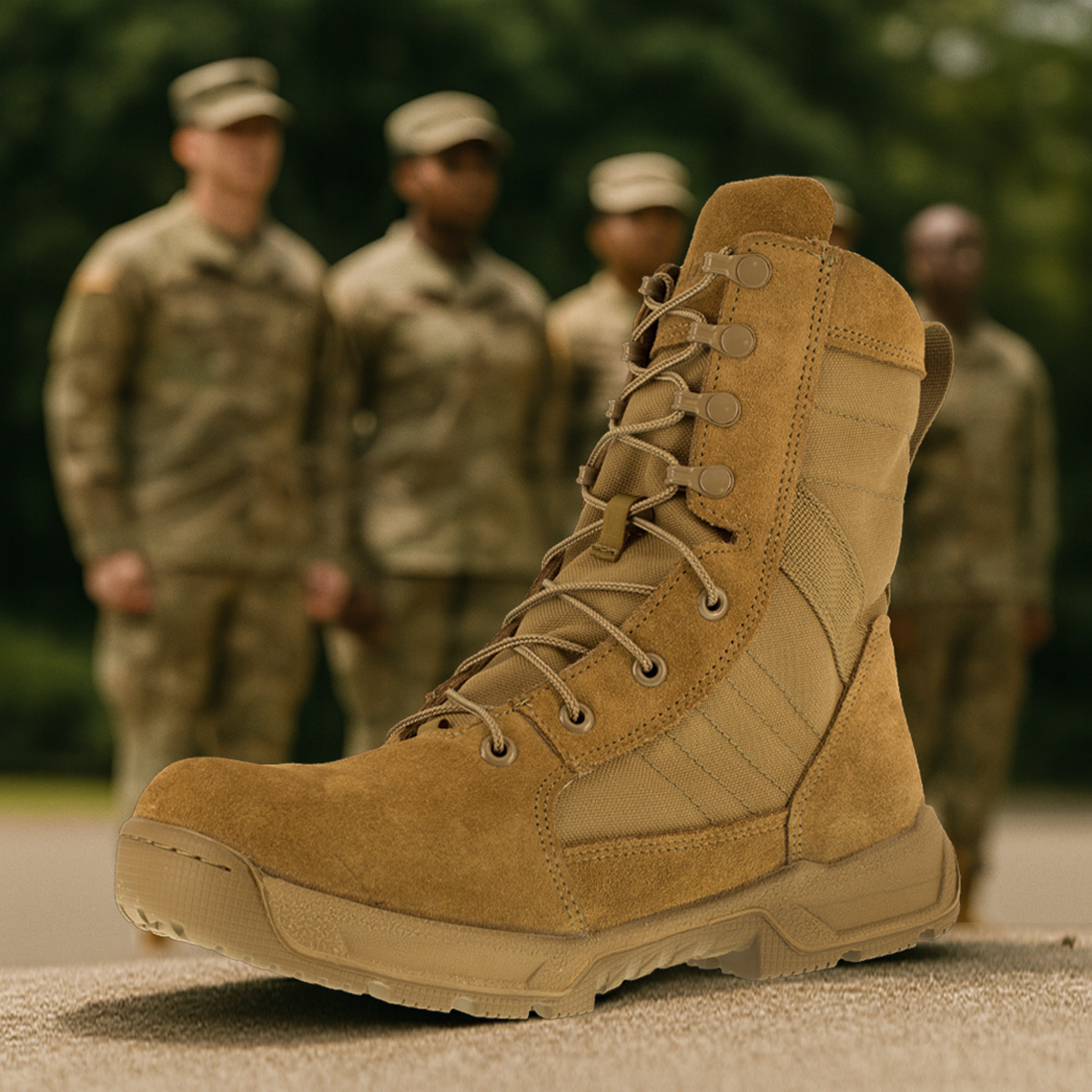 ar670-1-compliant-square.jpg Reebok AR670-1 compliant work boot on concrete with soldiers ready for inspection in the background