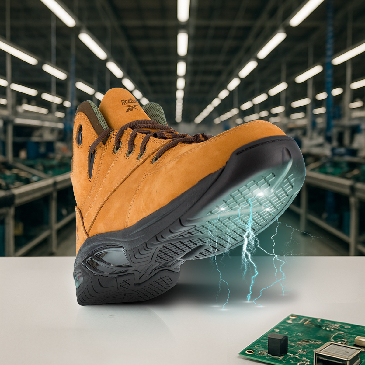 Reebok conductive work boot on a table with static coming out of the bottom. A scene of an electronics assembly line in the background
