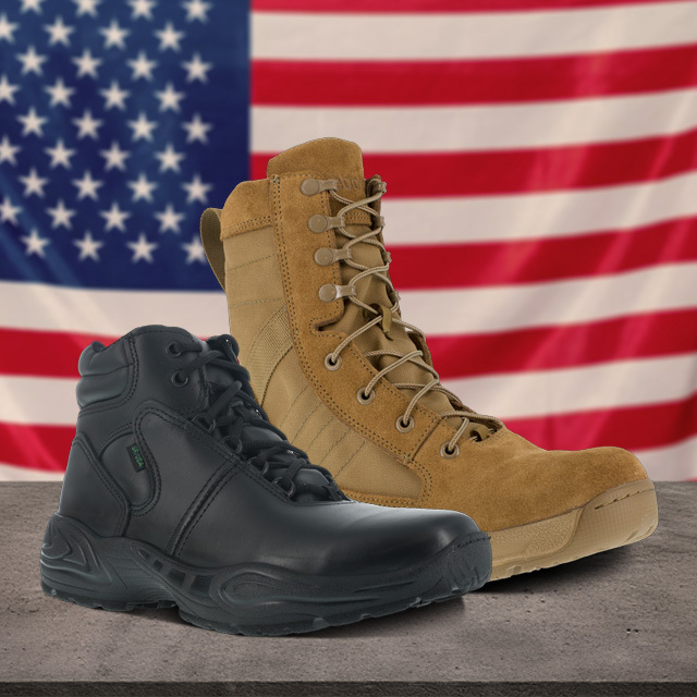 madeinusa-square.jpg Reebok work shoes made in the USA sitting on concrete with an American flag in the background