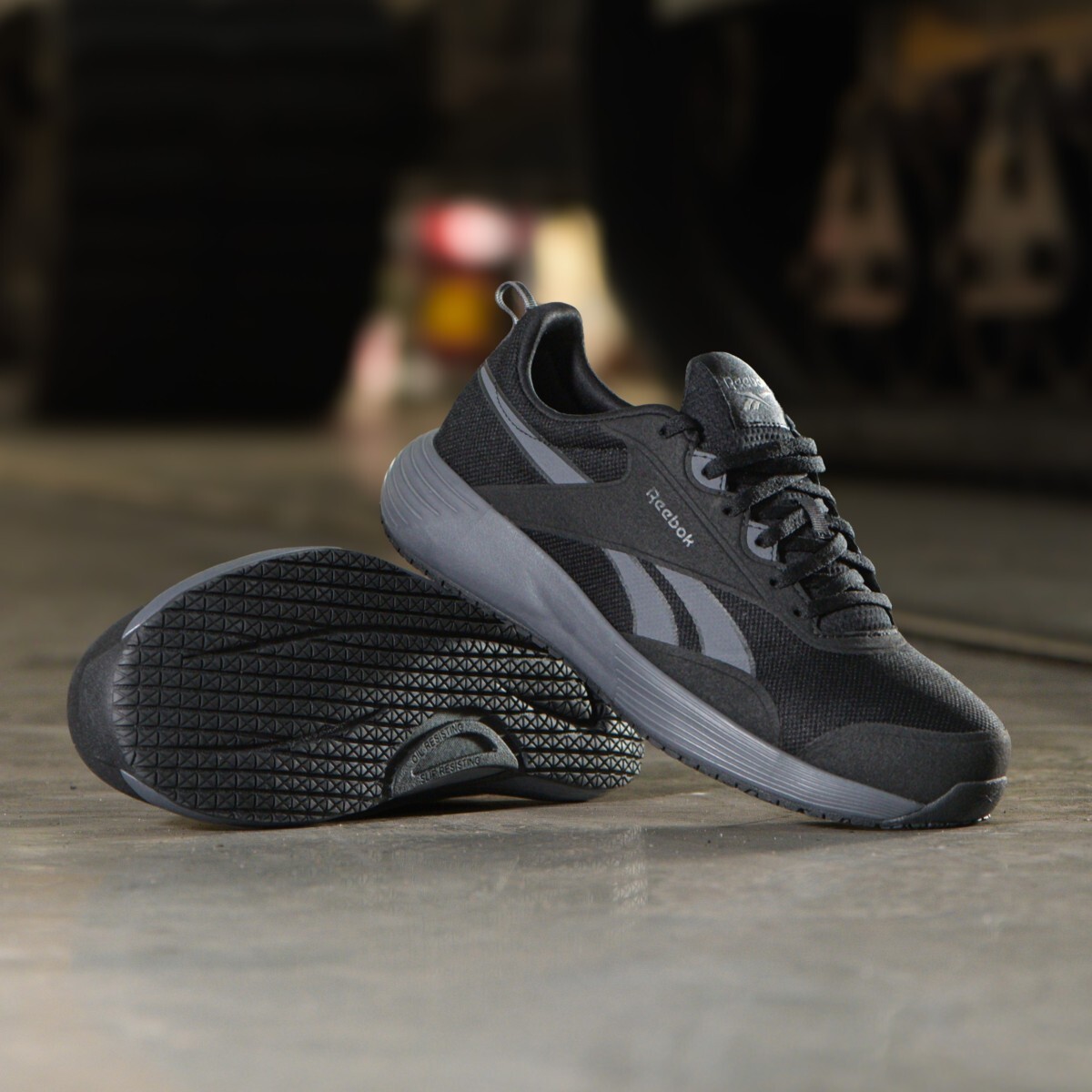 RB512 soft toe work shoes posed on a warehouse floor 