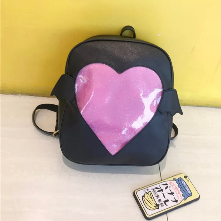 Black Devil Wing Ita Backpack Heart Shaped Transparent Display Window **FREE SHIPPING**