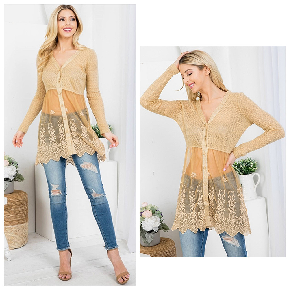 French Mesh Embroidered Lace Scallop Hem Gold Metallic Blend Knit Tunic top 6334