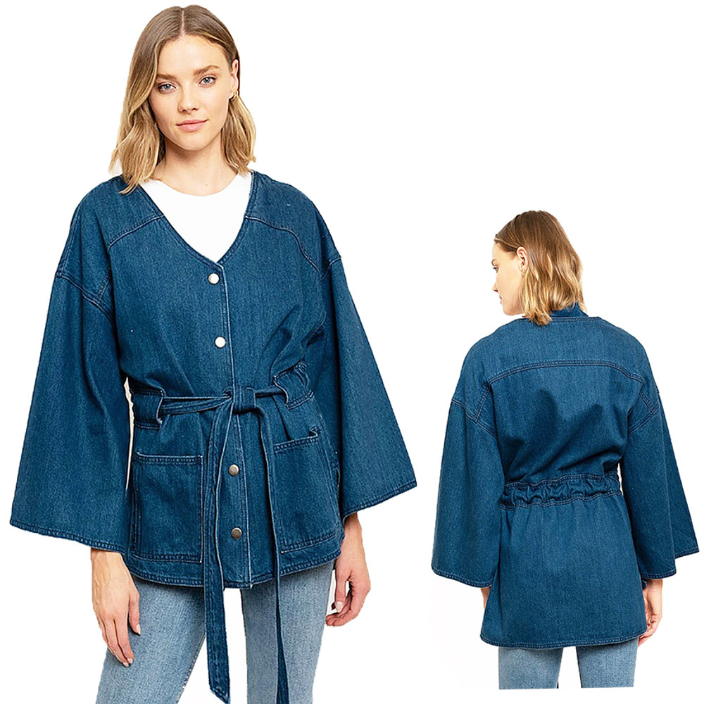 Kimono Drape Large Wide Flared Sleeve Belted Patch Pockets Denim Jacket  TW79401