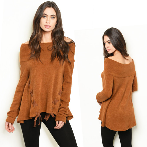 Camel BOHO Bohemian Relaxed Fit Off Shoulder Knit Laced Flare Tunic Sweater Top - T195321