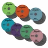 Scorpion 7-Step Diamond Granite Wet Polishing Pads, colorful abrasive diamond polishing discs with grit numbers 50, 100, 200, 400, 800, 1500, and 3000 for stone polishing.