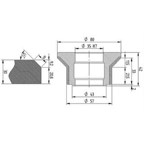 Diamut E33 B11.5 - Pos 5S, OD 80x35 Bore, HYS Continuous Diamond Profile Wheel