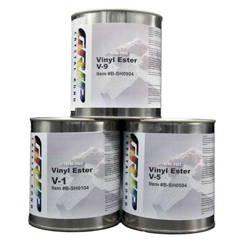 Grip Crystal Bond Vinyl Ester Adhesives, three metal cans labeled Vinyl Ester V-1, V-5, and V-9 with product details.
