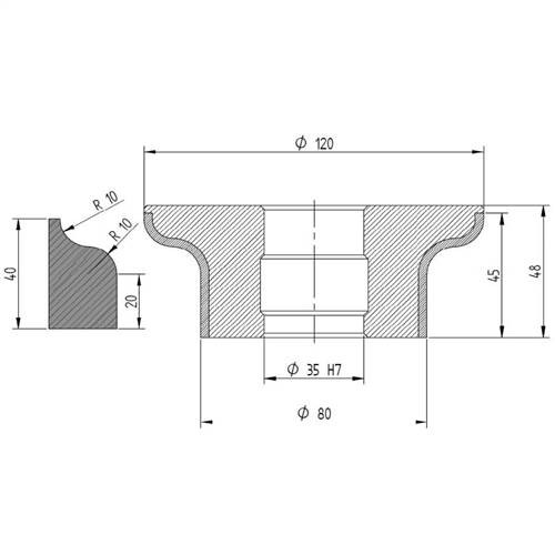 Diamut FZ43 R10 - Pos 2, OD 120x35 Bore, HYS Continuous Diamond Profile Wheel