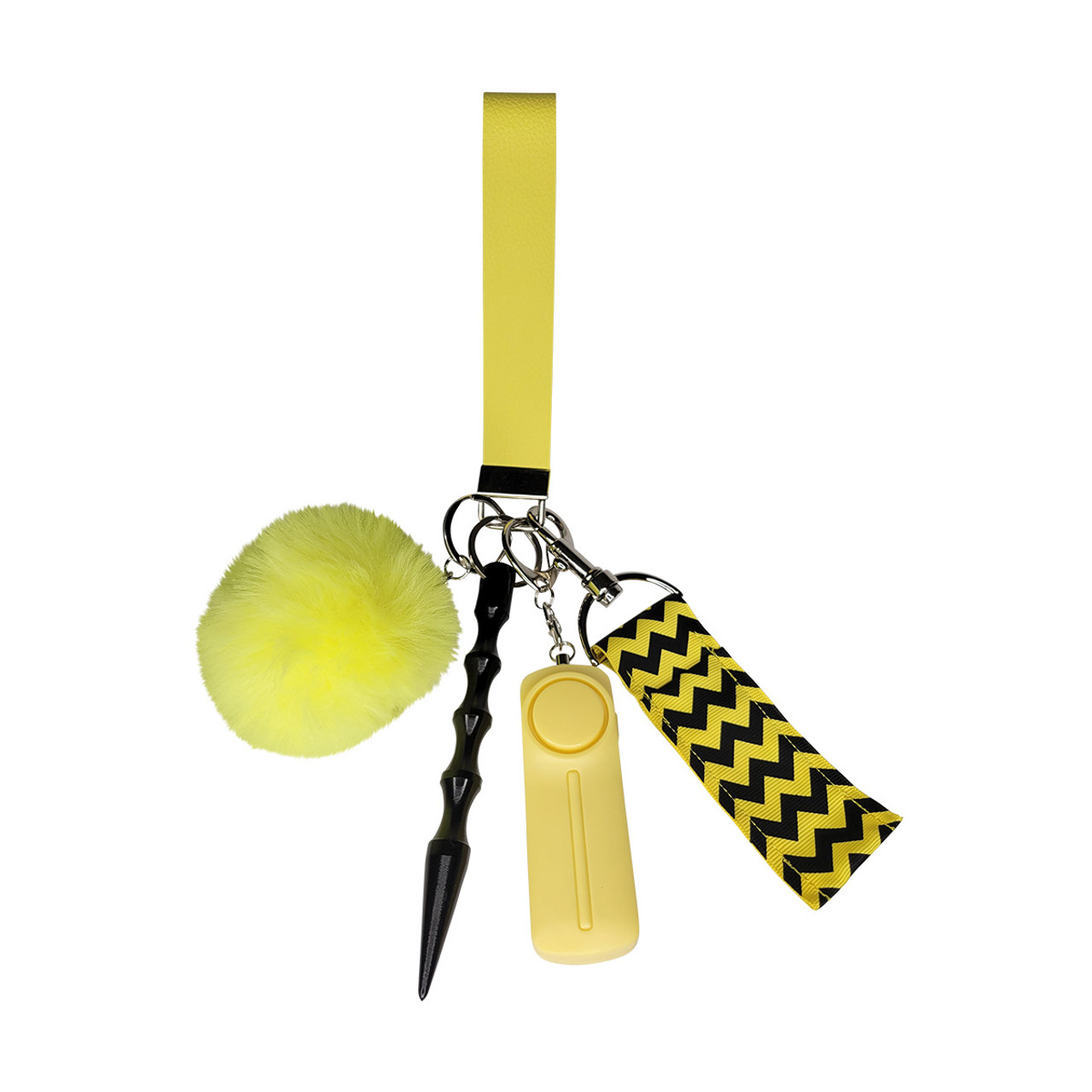 Self-defense keychain wristlet black and yellow chevron pom pom