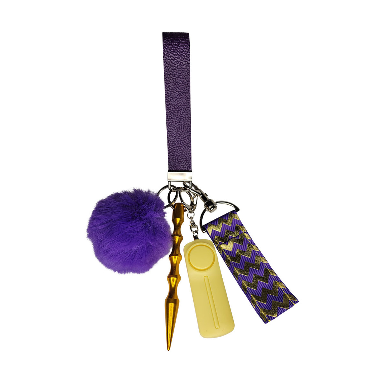 tragt eskortere dommer Self-defense safety keychain wristlet purple and Gold chevron purple pom  pom puff ball personal alarm gettin lippy